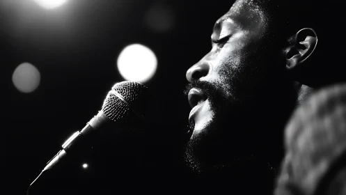 Soul singer in profile under moody stage spotlight.