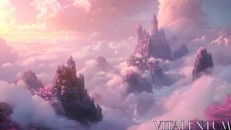 Dreamlike pink cloud kingdom floating between soft skies.