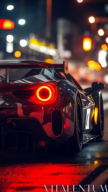 Rear view racing car on wet urban street at night.