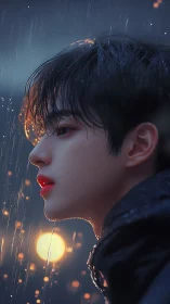 Melancholic side profile in neon rain with cinematic bokeh.