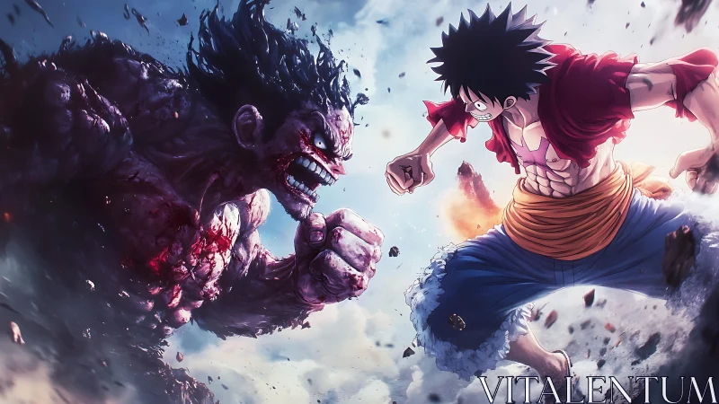 Intense clash between muscular monster and anime fighter.