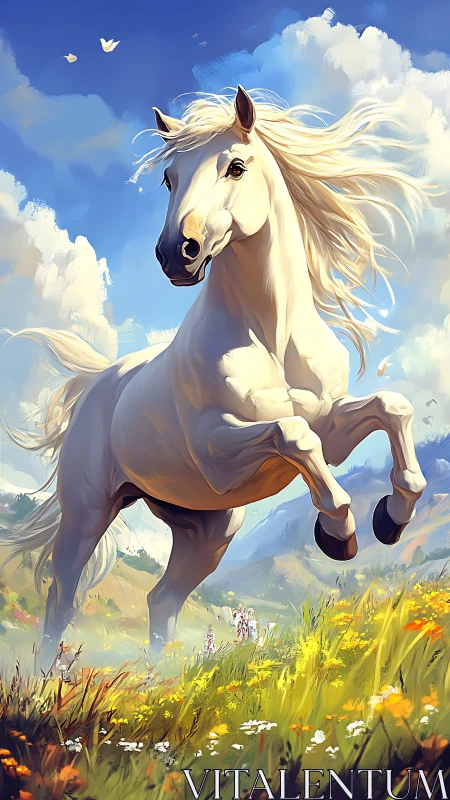 Dynamic white stallion rearing in sunlit alpine meadow landscape