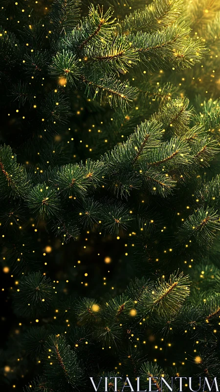 Conifer branches with dispersed yellow light particles at night.