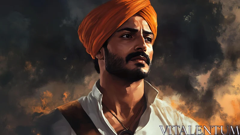Strong-hearted man in orange turban gazes toward hope