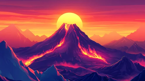 Volcanic stratocone sunrise with radiant magmatic outflows.