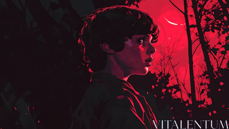 Profile view of youth in stylized red backlit forest scene