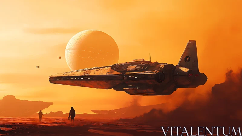 Large starship over orange desert with giant distant planet.