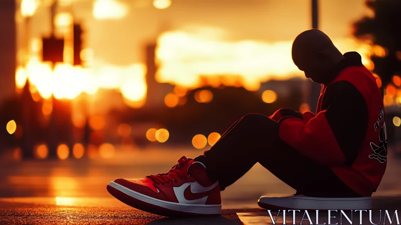 Solitary streetwear silhouette reflects at fiery urban sunset