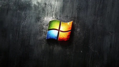 Glowing window emblem on a dark textured metal wall.