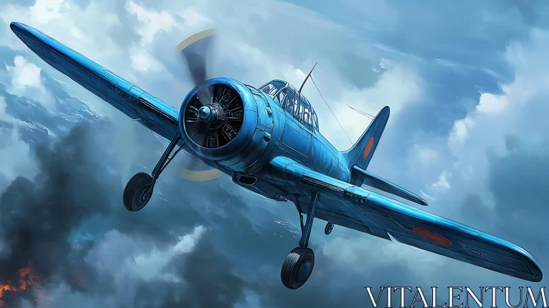Blue World War II fighter plane in dramatic cloudy sky.