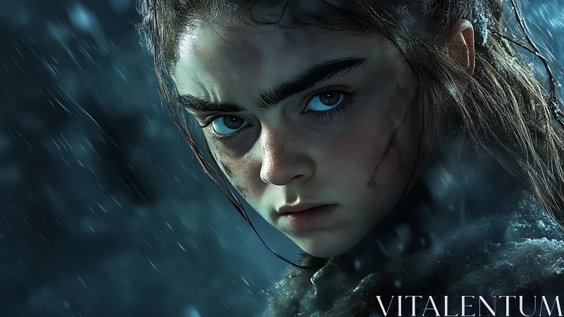 Fierce young warrior holding her ground in stormy night.