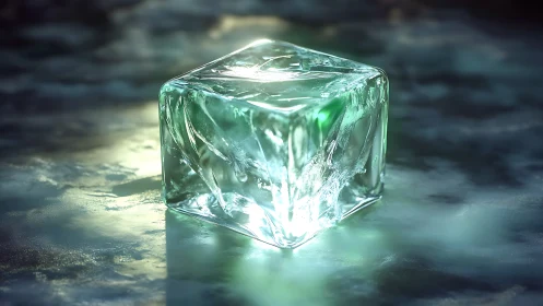 Translucent ice cube on reflective surface under cool light.