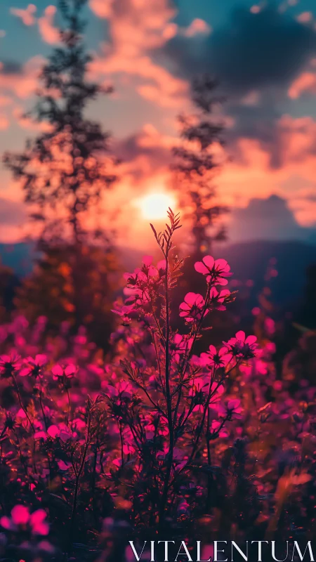 Backlit wildflowers in field under vivid sunset sky.