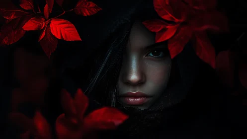 Nocturnal portrait framed by high-saturation crimson foliage.