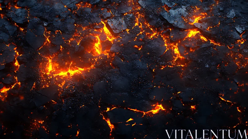 Molten lava cracks through darkened charred ash and cooling stone.