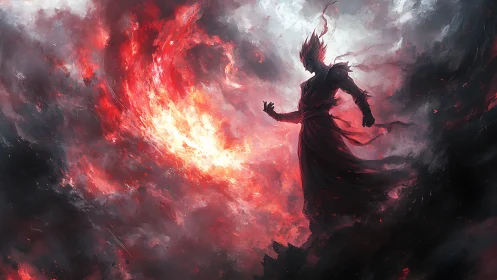 Flaming warrior silhouette commands swirling inferno storm.