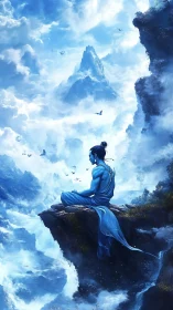 Skyborne sage in sapphire robes above the cloud ocean.