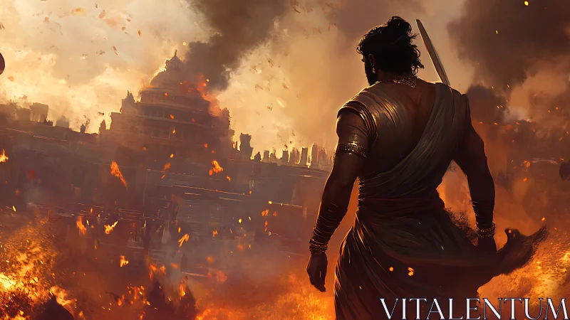 Smoldering warrior surveys a burning ancient city in ruin