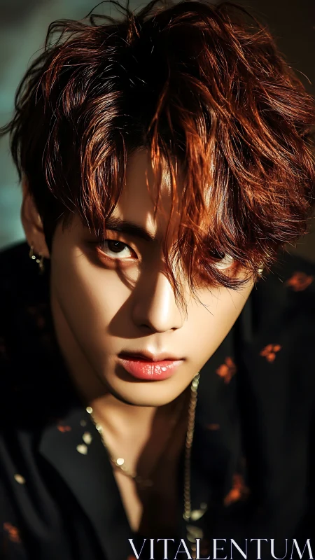 Intense close portrait captures red haired young man gaze