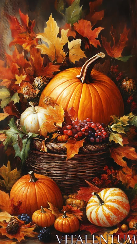 Pumpkins and autumn leaves arranged in warm seasonal still life.