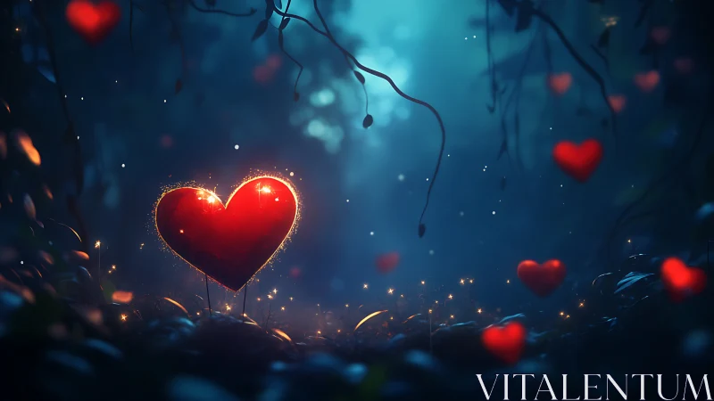 Glowing Heart in Darkened Forest Environment.