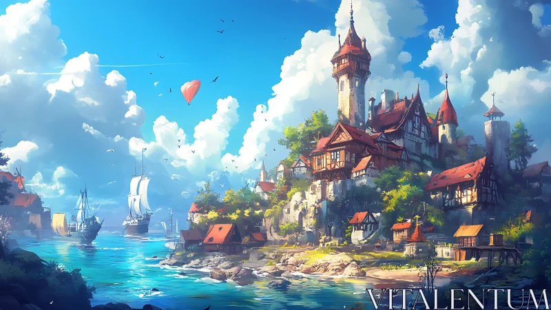 Medieval Coastal Castle Kingdom Architecture Fantasy.