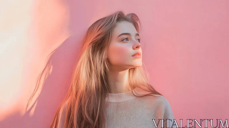 Soft pink portrait with golden hour side lighting glow.