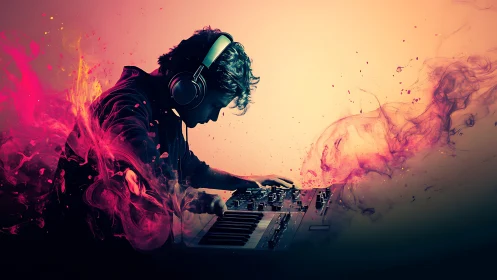 DJ wearing headphones creates vibrant synth soundscape at console