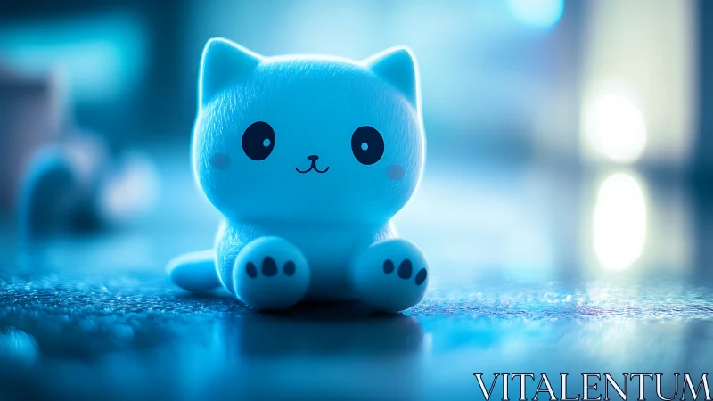 Glowing Blue Kawaii Cat Character in Neon Urban Setting.