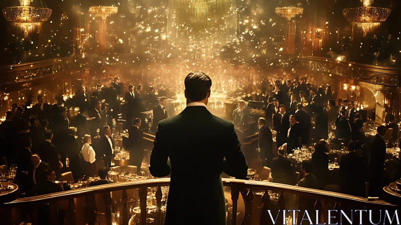 Cinematic ballroom panorama with lone host on balcony.