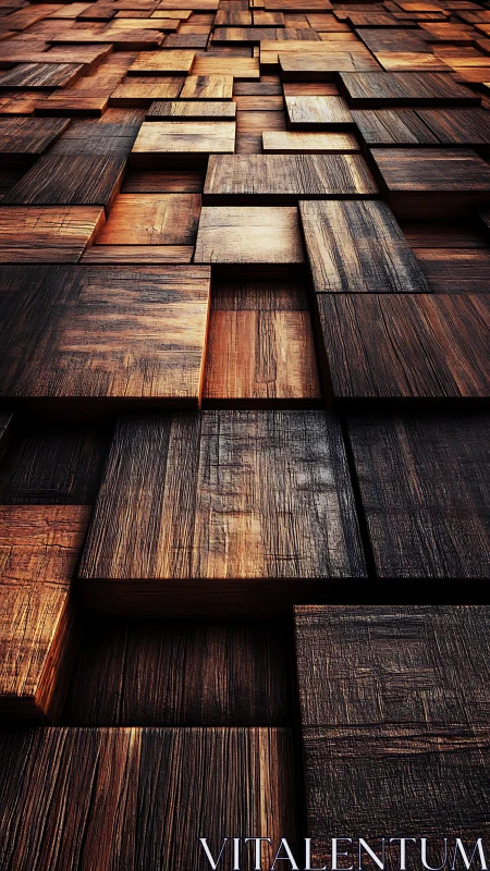 Stratified wooden relief grid with deep perspective lighting.