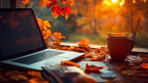 Laptop and coffee on autumn leaf covered windowsill workspace.