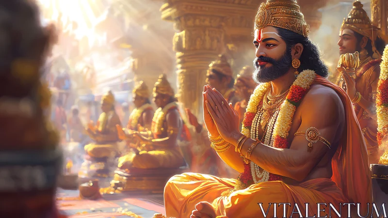 Seated Hindu king in golden temple leading group prayer.