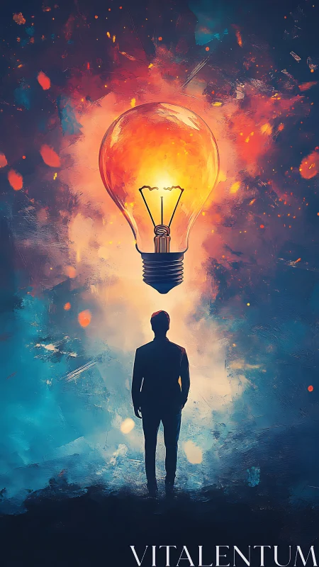 Silhouetted figure stands beneath glowing light bulb concept