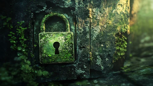 Moss-covered padlock on weathered stone surface outdoors.