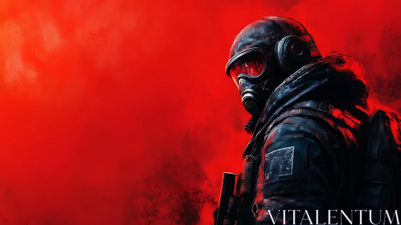 Lone masked wanderer against a bold burning red sky.