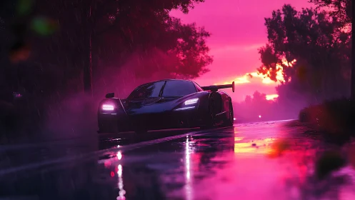 Neon storm racer slices through a rain-soaked magenta dusk.