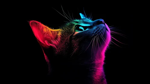 Neon side-lit cat portrait glows against deep black void.