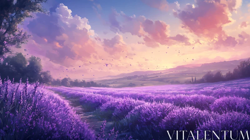 Spectral lavender field under volumetric sunset cloudscape.