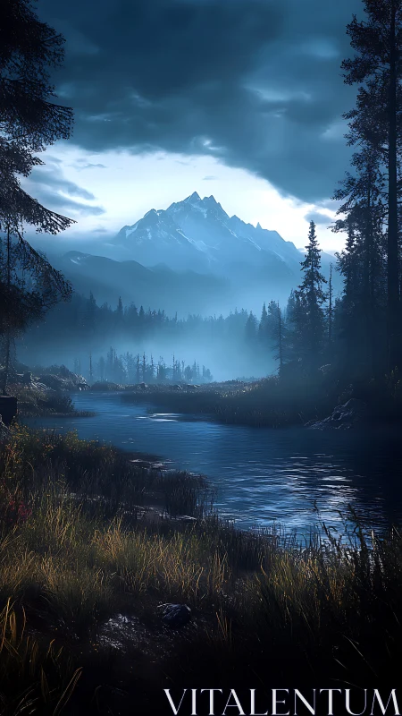 Digital painting of alpine river valley under moody twilight.