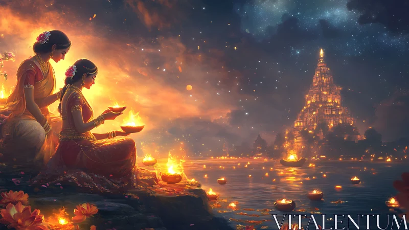 Women release river lanterns before luminous temple under stars