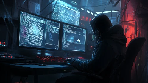Hooded computer user works across dual coding monitors at night
