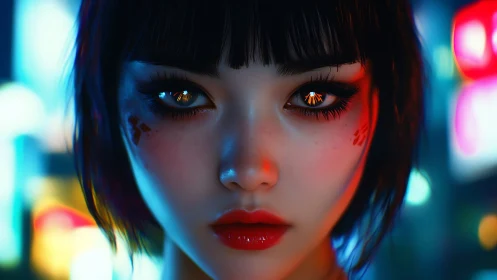 Cyberpunk woman portrait with neon reflections in eyes