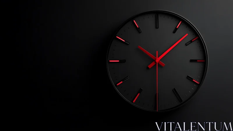 Minimalist black wall clock with red hands on dark background