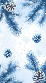 Snowy pine branches frame a serene winter background
