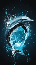 Digital illustration shows dolphin emerging through water arc