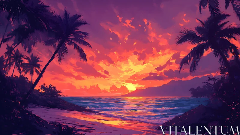 Vibrant tropical sunset ignites a serene palm-lined shore