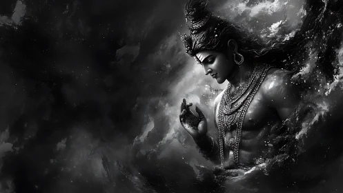 Monochrome divine figure emerging from swirling cosmic void