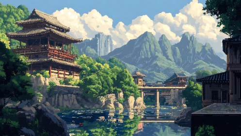 Serene pixelated mountain temple overlooks reflective river valley.