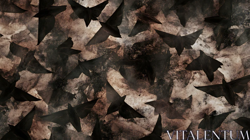 Dark silhouetted birds over distressed sepia textured sky.